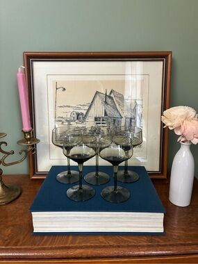 Set of 5 Vintage Smoky Glass Goblets | MCM Style Short Stem Barware